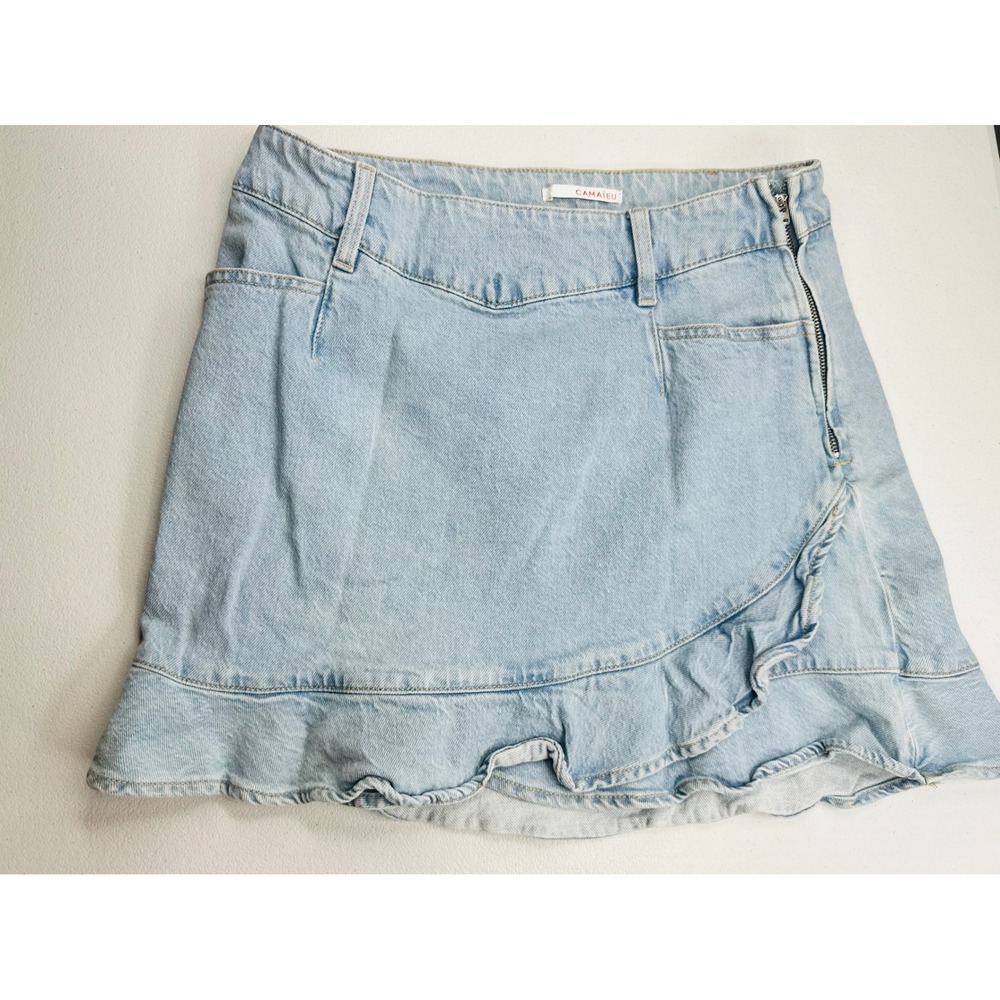 Camaieu Denim Skort Women 10 Light Blue Excellent Ruffle Hem Side Zip Mini